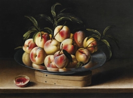 NATURE MORTE DE PÊCHES SUR UN PLAT D'ÉTAIN, BOÎTE DE COPEAU , LOUYSE MOILLON ; STILL LIFE WITH PEACHES ON A PEWTER CHARGER ATOP A CHIP-WOOD BOX ; SIGNED AND DATED ON THE BOX LOUYSE MOILLON by Louise Moillon